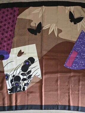 Vintage HANAE MORI 100% Silk Scarf - Brown, Purple, Black 34" ×34"